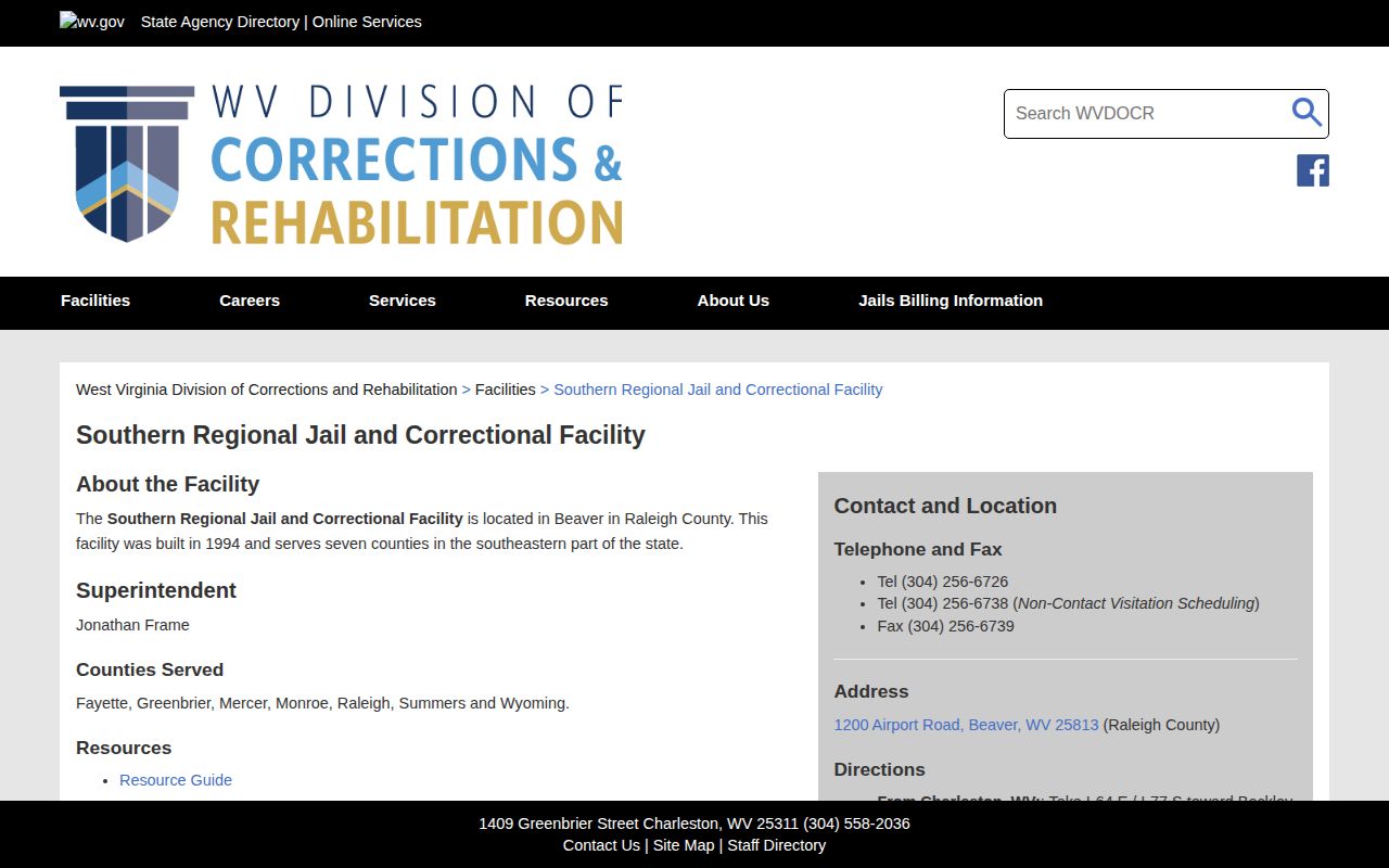 Wyoming County booking records at Southern Regional Jail official facility page