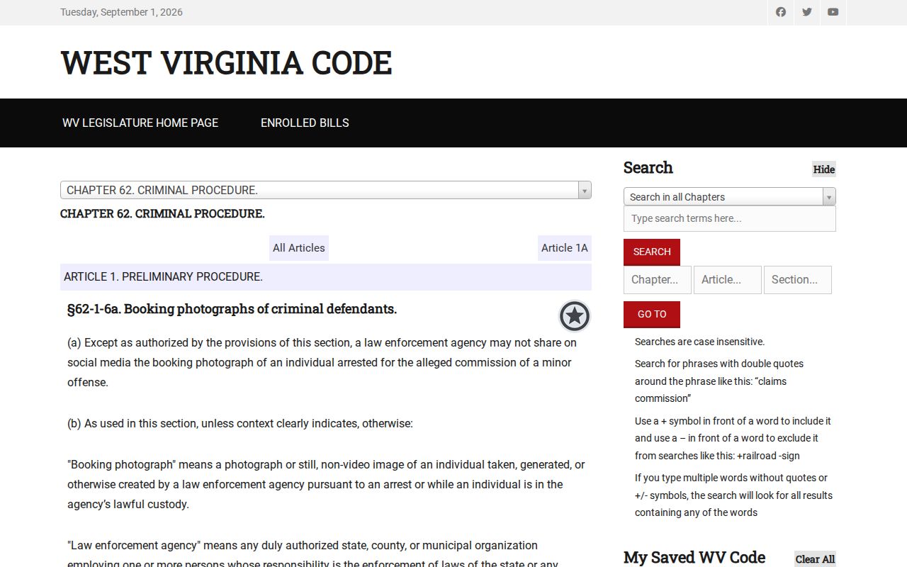 Wyoming County booking record law at West Virginia Code section 62-1-6a